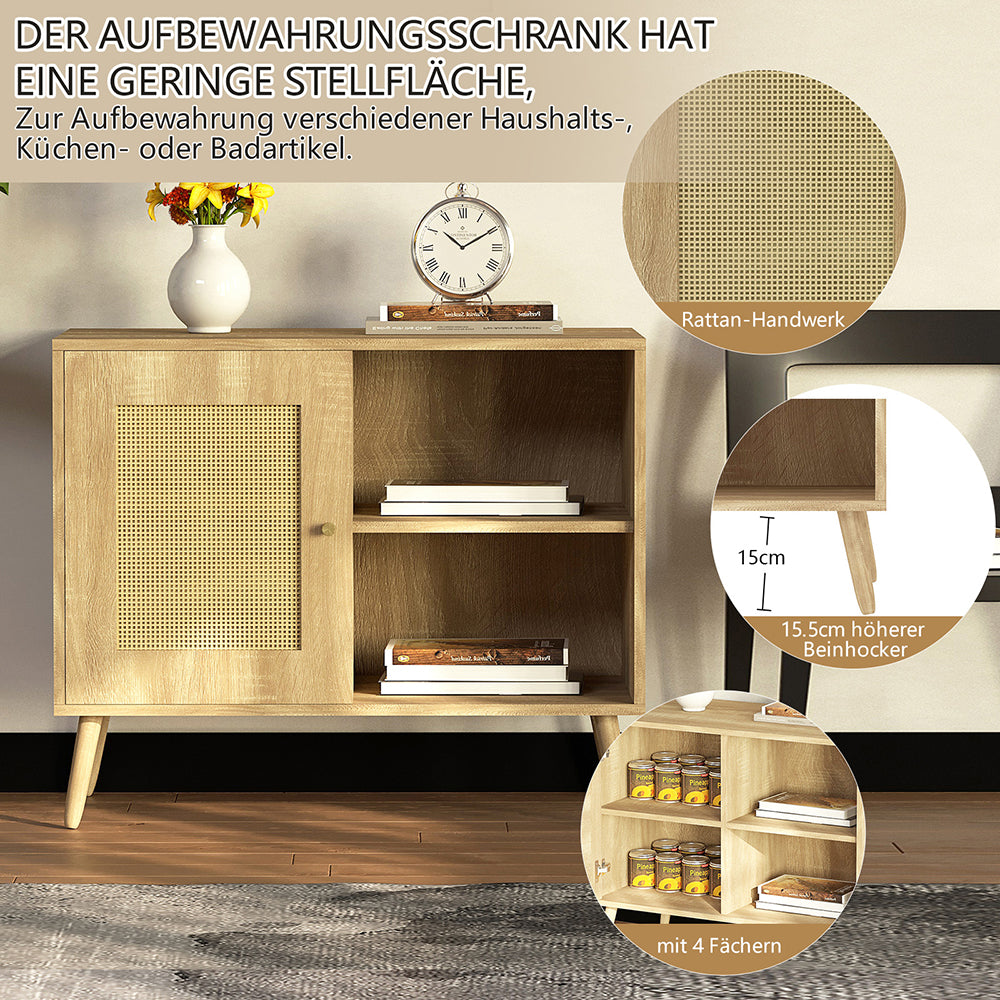 Sideboard Beistellschrank Küchenschrank mit 1 Tür Rattantür,2 Offenen Fächern, Massivholzbeine,Aufbewahrungsschrank, Kommode,Standschrank,Wandschrank für Küchen, Esszimmer, Flure, Wohnzimmer, Badezimmer、Eingangsbereiche und Wohnräumer 66.5x80x39cm