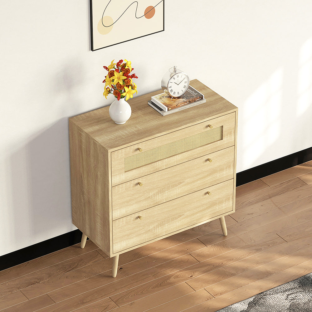 mit 3-Schubladen, Kommode mit Rattantür,Standschrank,Kabinettorganisator für Wohnzimmer, Aufbewahrungsschrank,Speicher-Schubladenschrank, Wandschrank für Esszimmer, Flure, Wohnzimmer, Eingangsbereiche und Wohnräumer 77.5x80x39cm