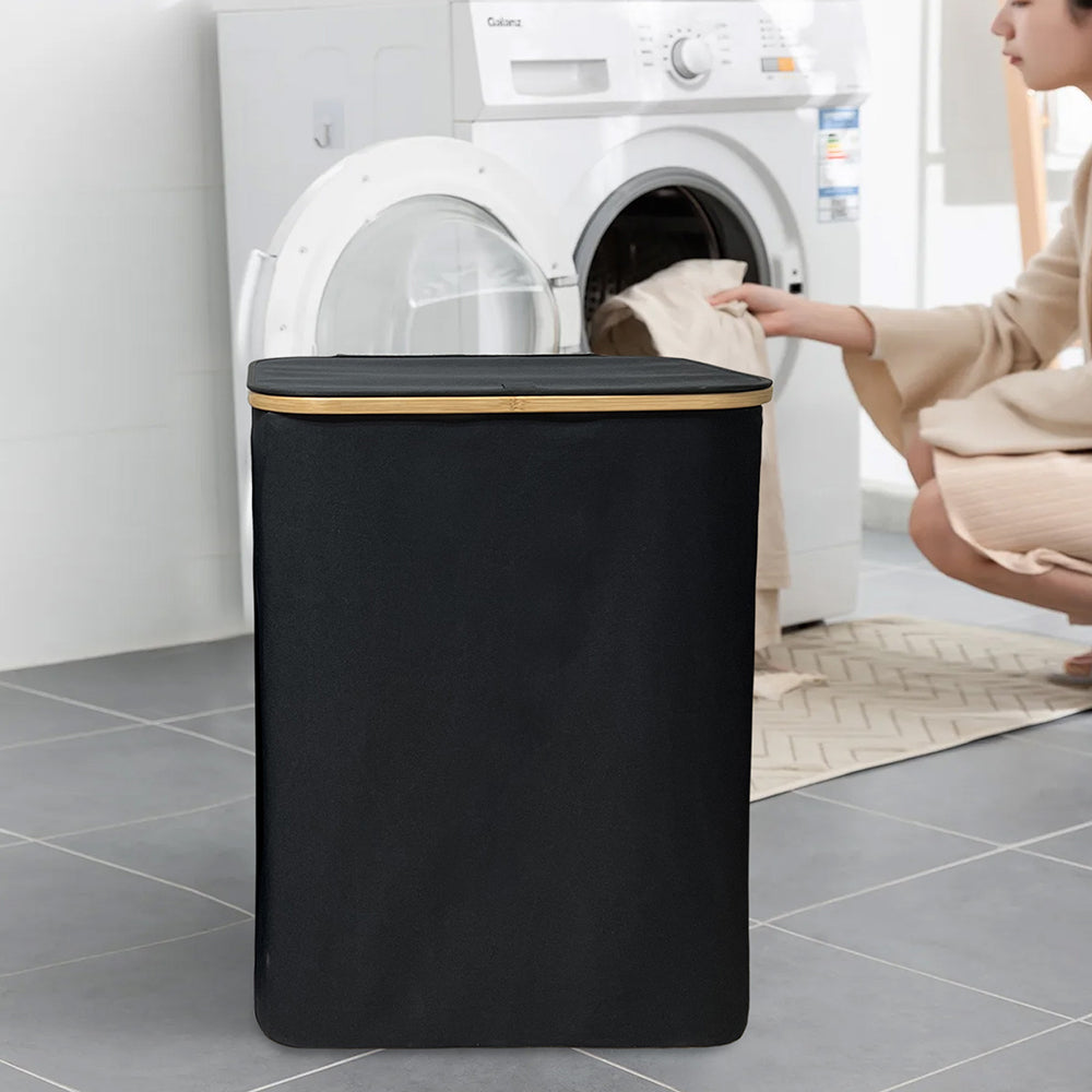 WAOHO Wäschekorb Faltbarer Wäschekorb mit Deckel, 3 Fächer, Wäschesack herausnehmbar, Zusammenklappbar 57X37X75 160L(Schwarz)