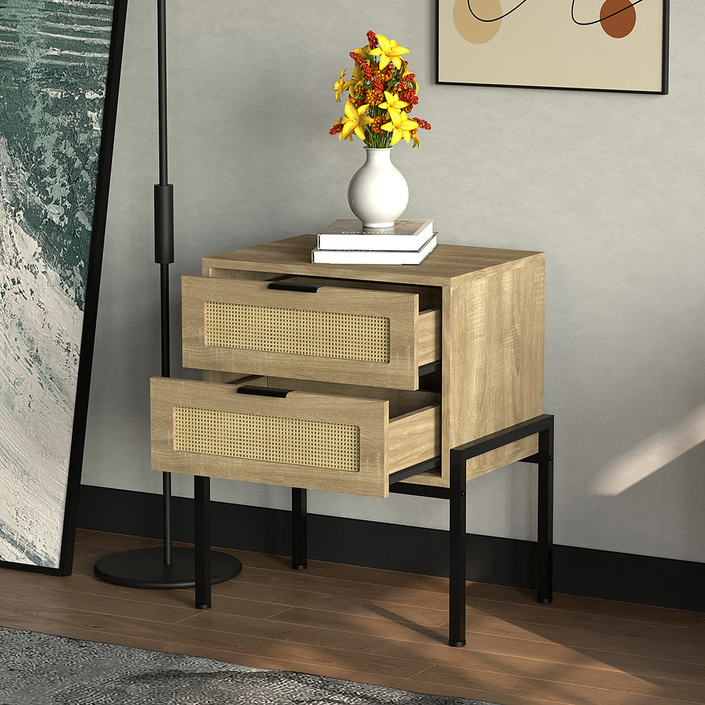 Nachttisch Rattan,Beistelltisch Wohnzimmertisch ,2 Schubladen, Nachtkommode mit Metallrahmenfür Schlafzimmer, Sofatisch,Nebentisch Kaffeetisch mit Ablagefach