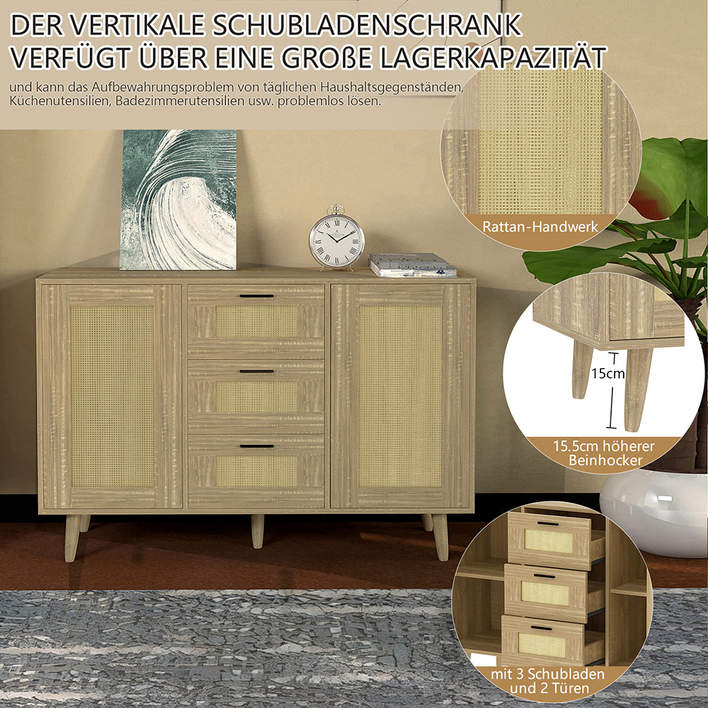 Schubladenkommode Rattantür,Standschrank,Kommode mit 3 Schubladen und 2 Türen,für Schlafzimmer & Wohnräume & Büro, Eingangsbereiche und Wohnräumer,Sideboard Highboard mit viel Stauraum120 x 80.5 x 40cm