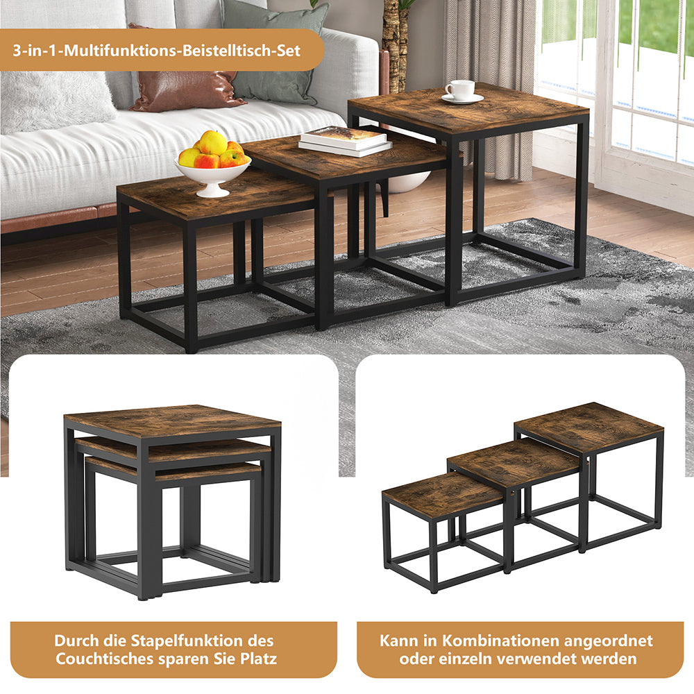 Couchtisch 3 Stücke Beistelltisch Quadrat,Couchtisch aus MDF,Satztisch mit Metallrahmen, Sofatisch, Schlafzimmer & Büro,Kaffeetisch, Laptoptisch, einfacher Aufbau, für Wohnzimmer