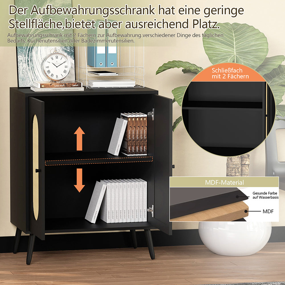 Schrank mit 2 Rattan-Türen,Küche Akzentschrank mit Massivholzfüßen,Dekorativer Schrank mit Rattantür,Kommode,Standschrank,Sideboard,Aufbewahrungsschrank, Wandschrank für Küchen, Esszimmer, Flure, Wohnzimmer, Badezimmer、Eingangsbereiche 83x68x40cm