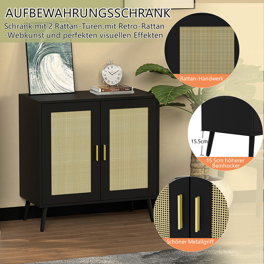 Schrank mit 2 Rattan-Türen,Metallgriff,Küche Akzentschrank mit Massivholzfüßen,Dekorativer Schrank mit Rattantür,Kommode,Standschrank,Sideboard,Aufbewahrungsschrank, Wandschrank für Küchen, Esszimmer, Flure, Wohnzimmer, Badezimmer 81.5x80x40cm