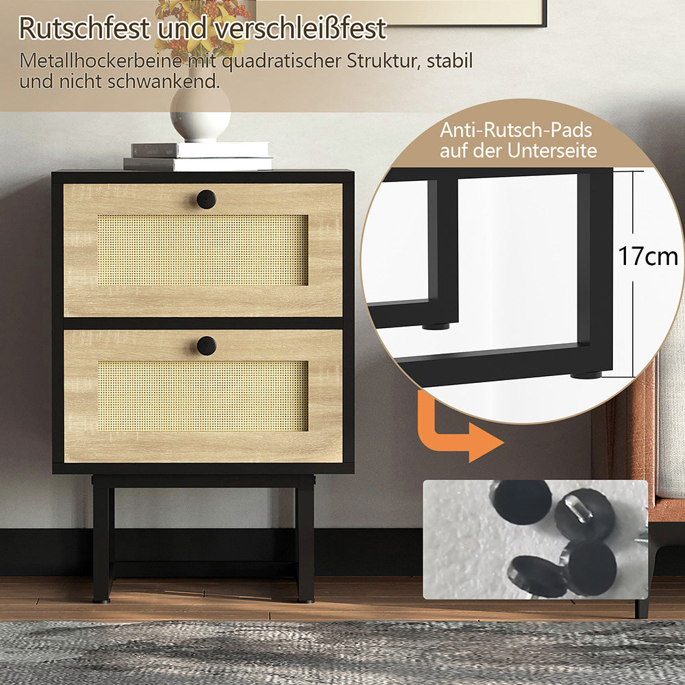 Nachttisch Rattan,Beistelltisch Wohnzimmertisch ,2 Schubladen, Nachtkommode mit Metallrahmenfür Schlafzimmer, Sofatisch,Nebentisch Kaffeetisch mit Ablagefach 57*40*34cm