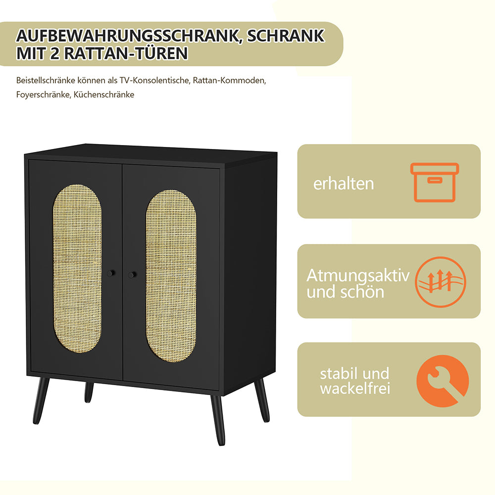 Schrank mit 2 Rattan-Türen,Küche Akzentschrank mit Massivholzfüßen,Dekorativer Schrank mit Rattantür,Kommode,Standschrank,Sideboard,Aufbewahrungsschrank, Wandschrank für Küchen, Esszimmer, Flure, Wohnzimmer, Badezimmer、Eingangsbereiche 83x68x40cm