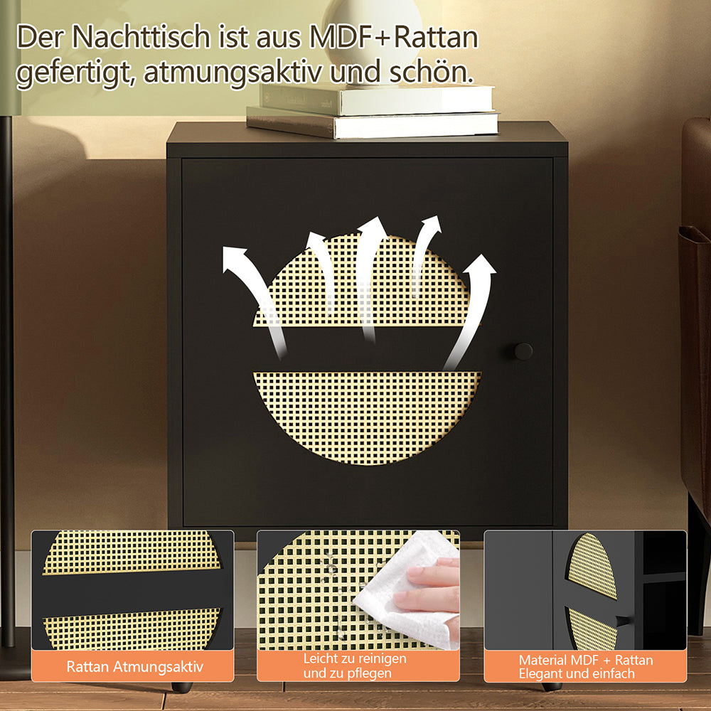 Nachttisch Rattan, Beistelltisch Wohnzimmertisch , Schließfach mit 2 Fächern,Nachtkommode mit Holz Beine für Schlafzimmer, Sofatisch,Nebentisch Kaffeetisch mit Ablagefach 40x40x55.5cm
