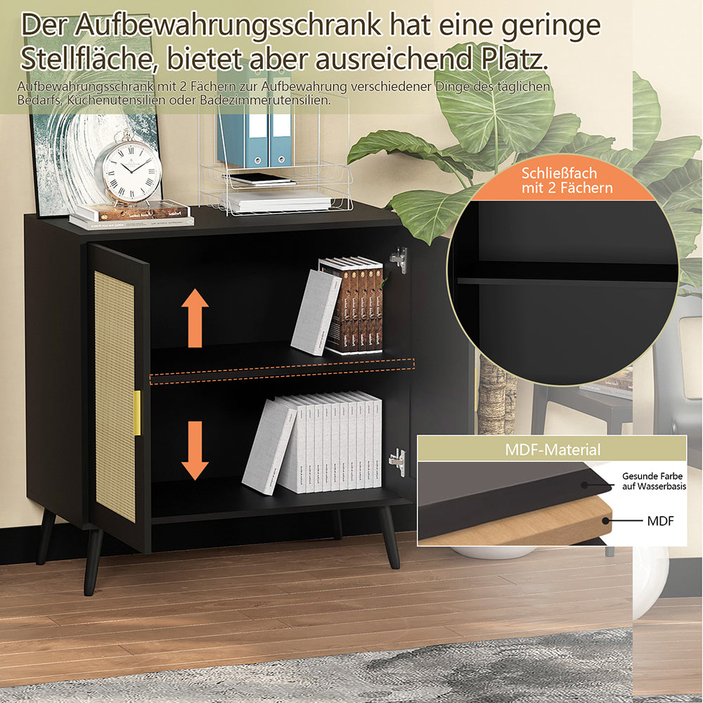 Schrank mit 2 Rattan-Türen,Metallgriff,Küche Akzentschrank mit Massivholzfüßen,Dekorativer Schrank mit Rattantür,Kommode,Standschrank,Sideboard,Aufbewahrungsschrank, Wandschrank für Küchen, Esszimmer, Flure, Wohnzimmer, Badezimmer 81.5x80x40cm