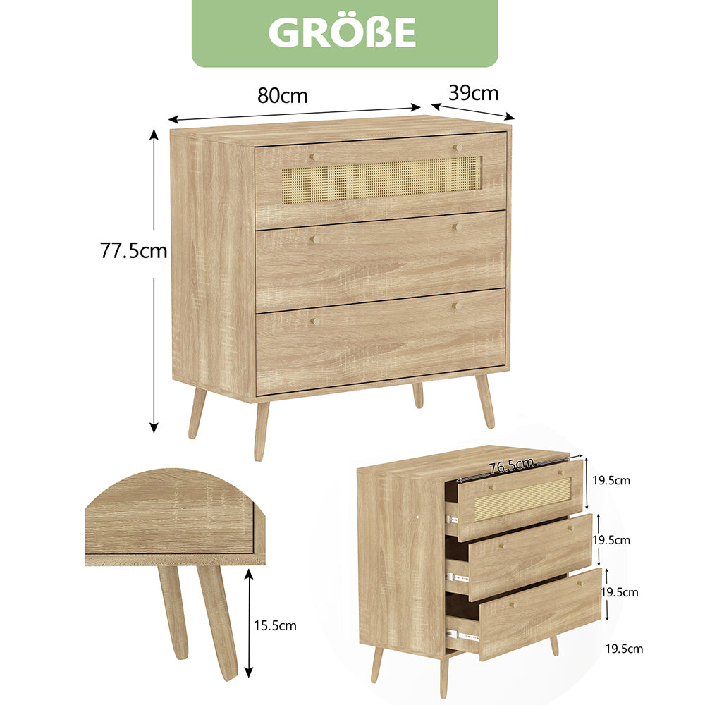 mit 3-Schubladen, Kommode mit Rattantür,Standschrank,Kabinettorganisator für Wohnzimmer, Aufbewahrungsschrank,Speicher-Schubladenschrank, Wandschrank für Esszimmer, Flure, Wohnzimmer, Eingangsbereiche und Wohnräumer 77.5x80x39cm