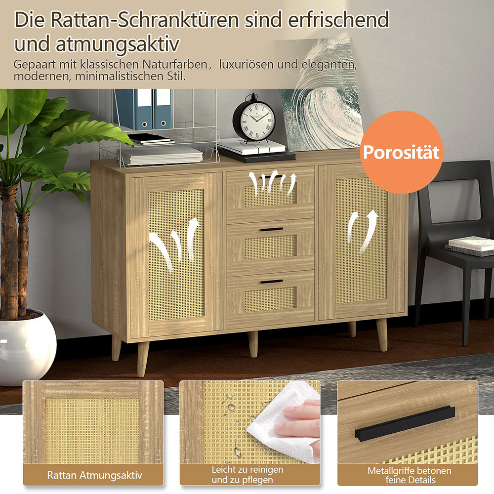 Schubladenkommode Rattantür,Standschrank,Kommode mit 3 Schubladen und 2 Türen,für Schlafzimmer & Wohnräume & Büro, Eingangsbereiche und Wohnräumer,Sideboard Highboard mit viel Stauraum120 x 80.5 x 40cm