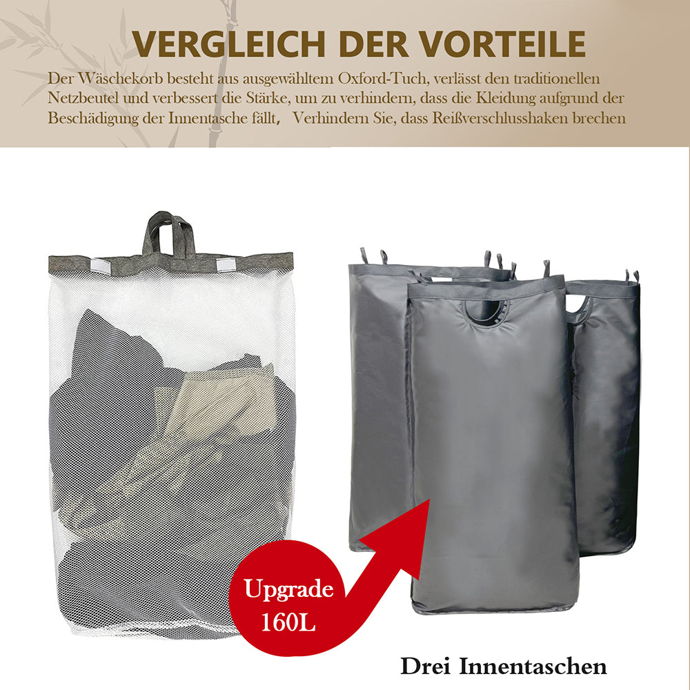 WAOHO Wäschekorb Faltbarer Wäschekorb mit Deckel, 3 Fächer, Wäschesack herausnehmbar, Zusammenklappbar 57X37X75 160L(Grau)