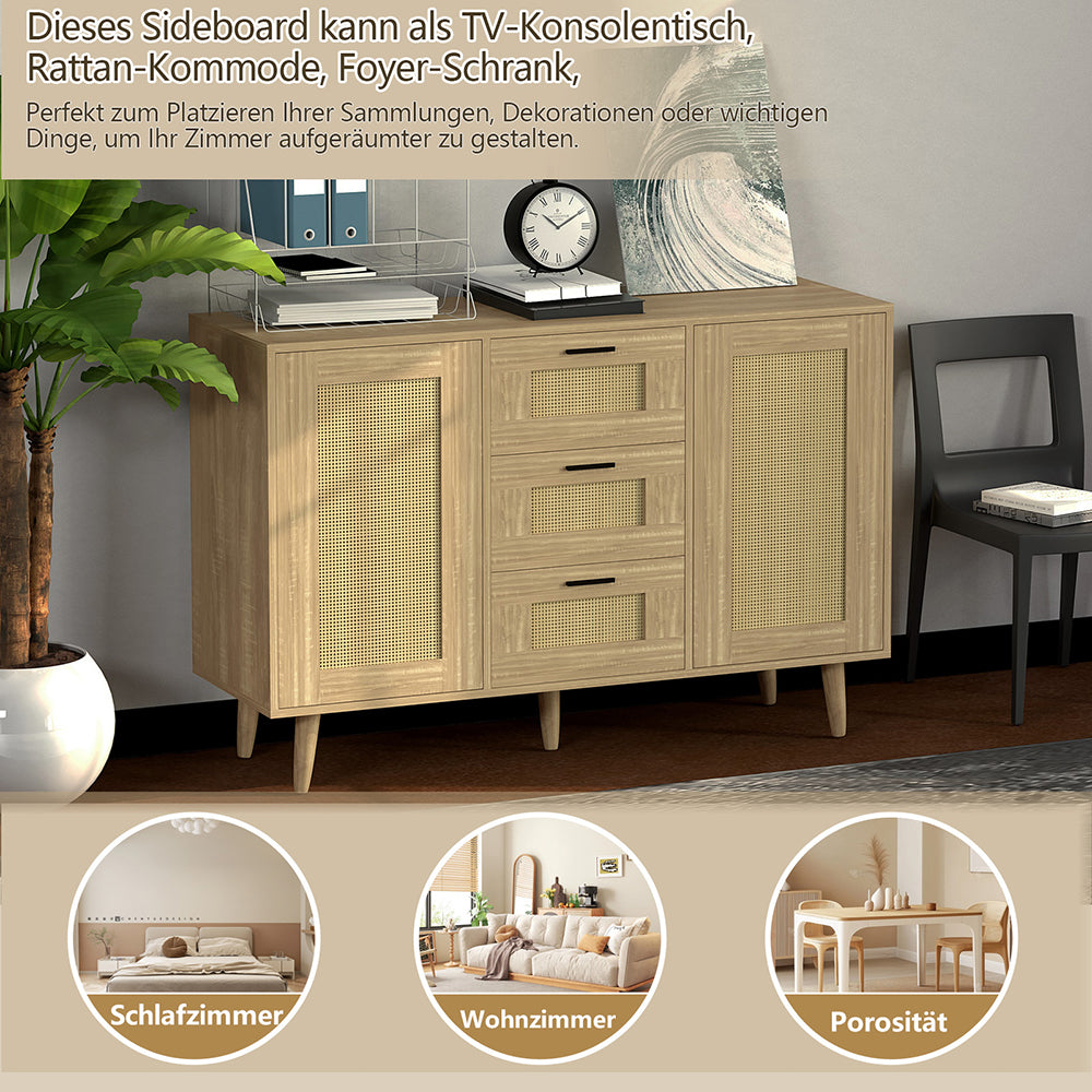 Schubladenkommode Rattantür,Standschrank,Kommode mit 3 Schubladen und 2 Türen,für Schlafzimmer & Wohnräume & Büro, Eingangsbereiche und Wohnräumer,Sideboard Highboard mit viel Stauraum120 x 80.5 x 40cm