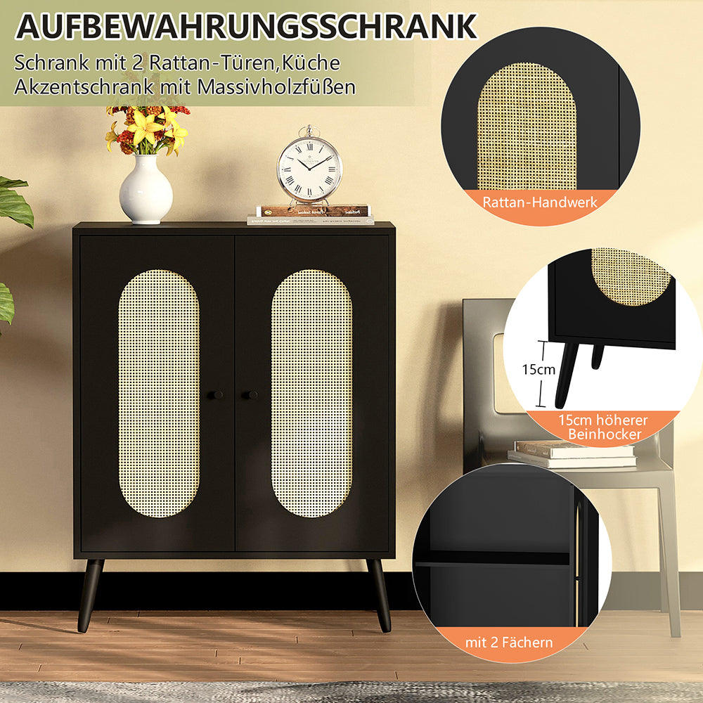 Schrank mit 2 Rattan-Türen,Küche Akzentschrank mit Massivholzfüßen,Dekorativer Schrank mit Rattantür,Kommode,Standschrank,Sideboard,Aufbewahrungsschrank, Wandschrank für Küchen, Esszimmer, Flure, Wohnzimmer, Badezimmer、Eingangsbereiche 83x68x40cm