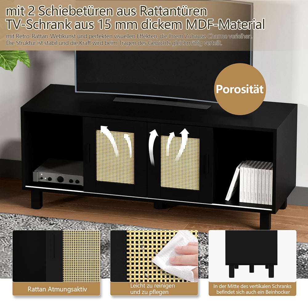 TV Lowboard,TV-Schrank mit 2 Schiebetüren aus Rattantüren,Moderner TV Sideboard,Aufbewahrungsschrank,Standschrank,für Wohnzimmer, Esszimmer, Schlafzimmer,Fernsehschrank für Wohnzimmer 115x40x48cm