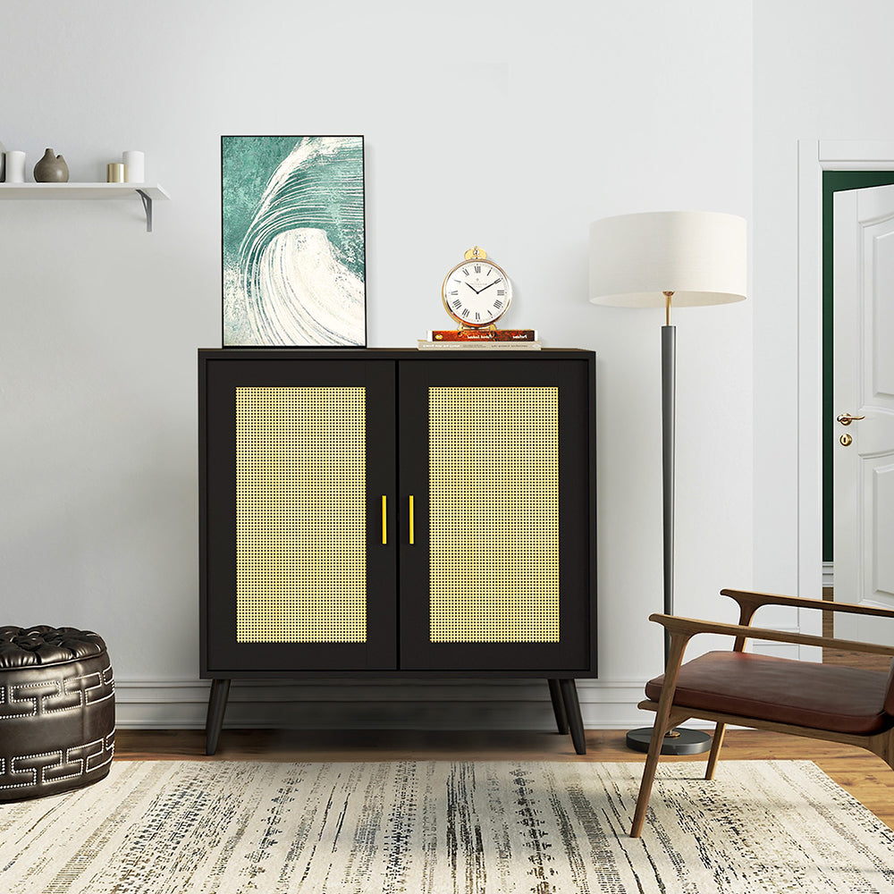 Schrank mit 2 Rattan-Türen,Metallgriff,Küche Akzentschrank mit Massivholzfüßen,Dekorativer Schrank mit Rattantür,Kommode,Standschrank,Sideboard,Aufbewahrungsschrank, Wandschrank für Küchen, Esszimmer, Flure, Wohnzimmer, Badezimmer 81.5x80x40cm