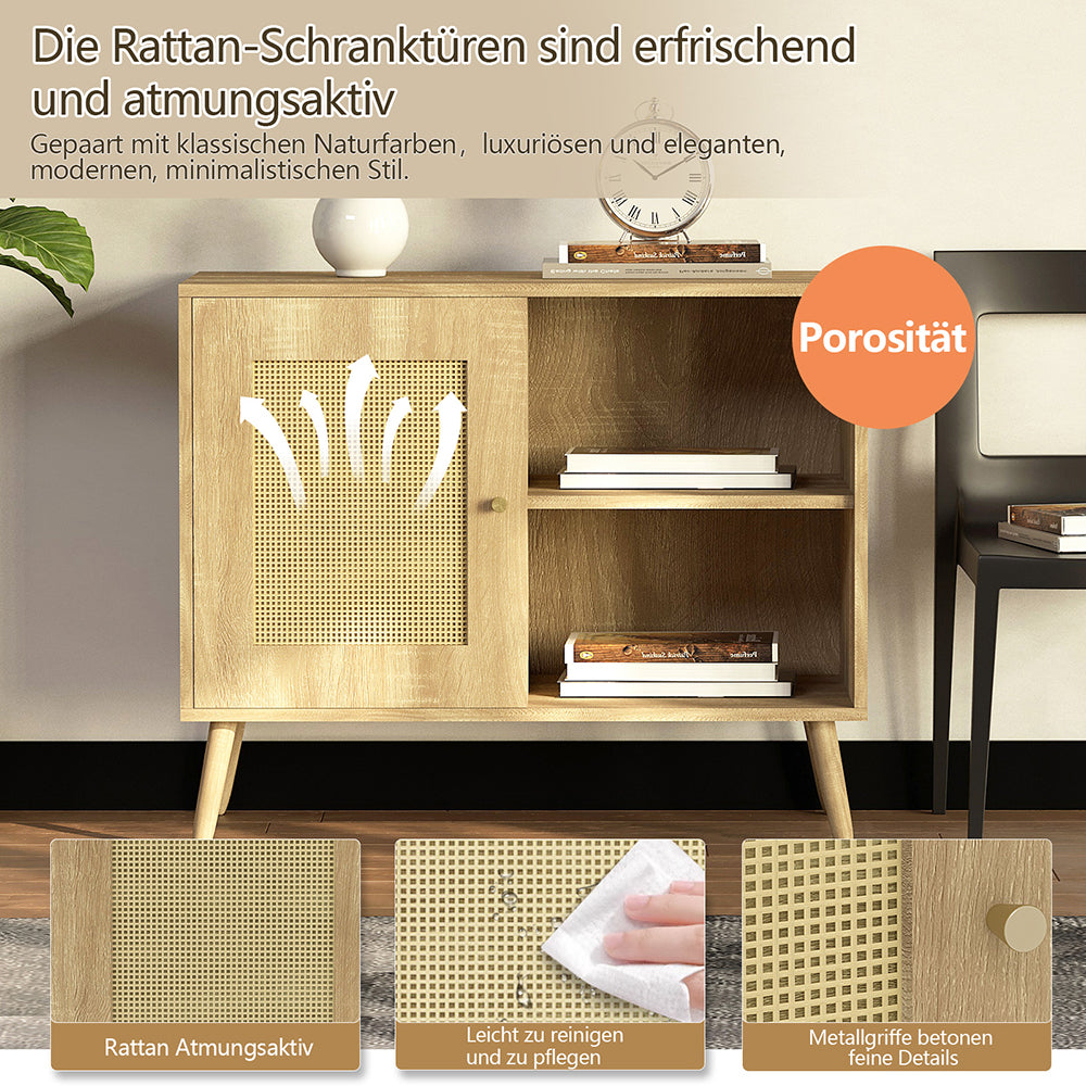 Sideboard Beistellschrank Küchenschrank mit 1 Tür Rattantür,2 Offenen Fächern, Massivholzbeine,Aufbewahrungsschrank, Kommode,Standschrank,Wandschrank für Küchen, Esszimmer, Flure, Wohnzimmer, Badezimmer、Eingangsbereiche und Wohnräumer 66.5x80x39cm