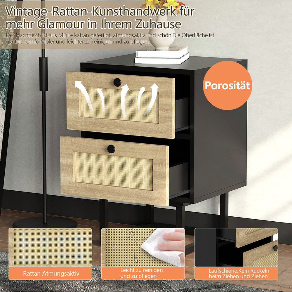 Nachttisch Rattan,Beistelltisch Wohnzimmertisch ,2 Schubladen, Nachtkommode mit Metallrahmenfür Schlafzimmer, Sofatisch,Nebentisch Kaffeetisch mit Ablagefach 57*40*34cm