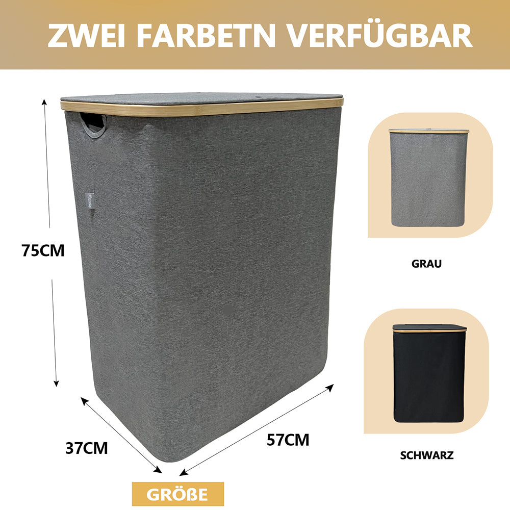 WAOHO Wäschekorb Faltbarer Wäschekorb mit Deckel, 3 Fächer, Wäschesack herausnehmbar, Zusammenklappbar 57X37X75 160L(Grau)
