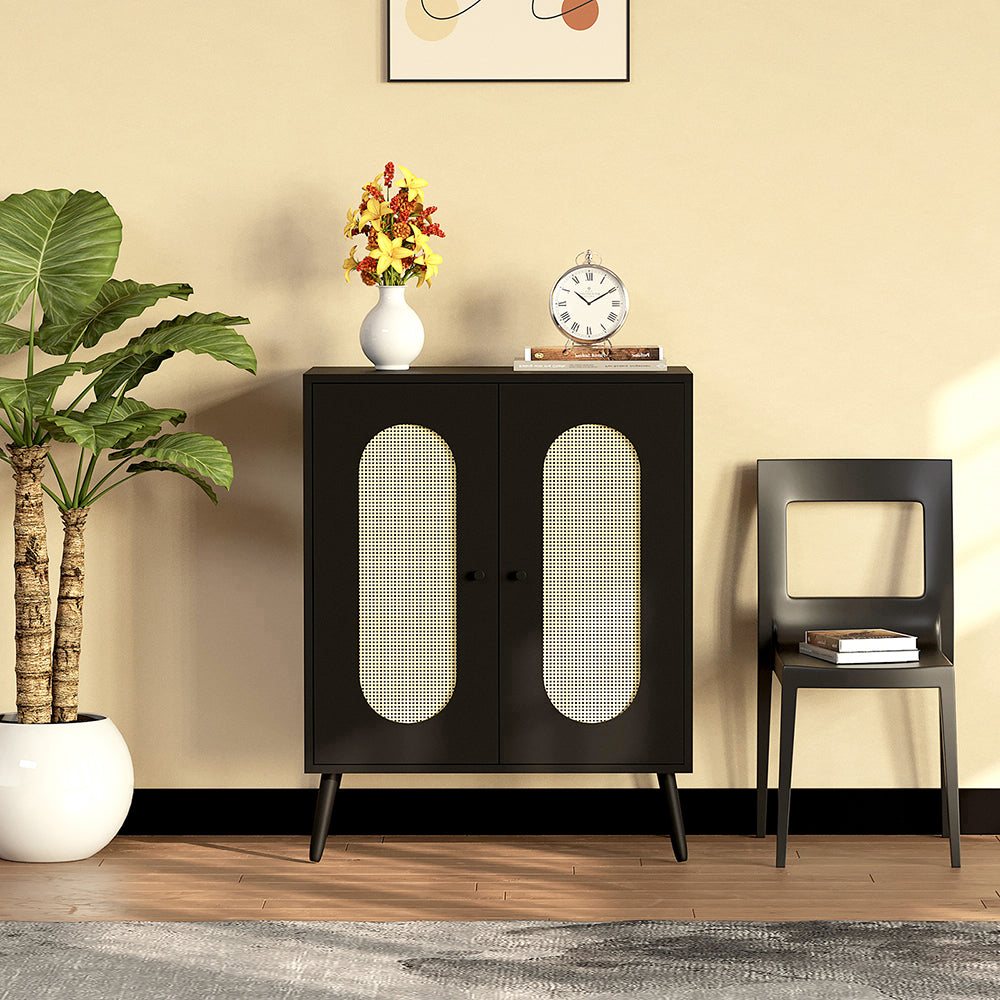 Schrank mit 2 Rattan-Türen,Küche Akzentschrank mit Massivholzfüßen,Dekorativer Schrank mit Rattantür,Kommode,Standschrank,Sideboard,Aufbewahrungsschrank, Wandschrank für Küchen, Esszimmer, Flure, Wohnzimmer, Badezimmer、Eingangsbereiche 83x68x40cm