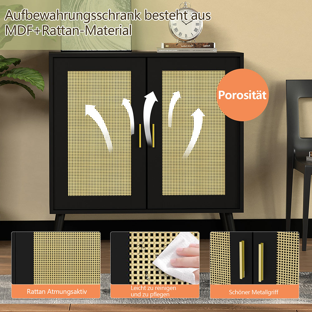 Schrank mit 2 Rattan-Türen,Metallgriff,Küche Akzentschrank mit Massivholzfüßen,Dekorativer Schrank mit Rattantür,Kommode,Standschrank,Sideboard,Aufbewahrungsschrank, Wandschrank für Küchen, Esszimmer, Flure, Wohnzimmer, Badezimmer 81.5x80x40cm