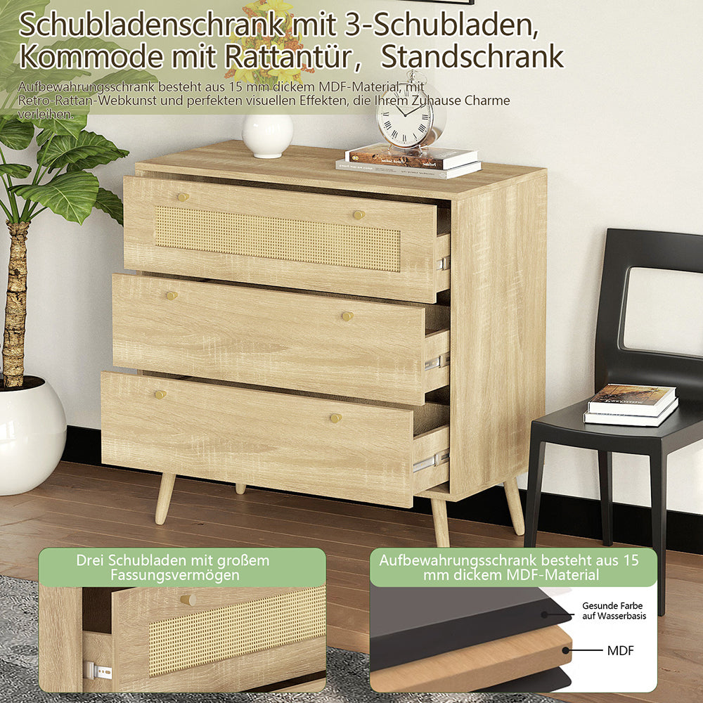 mit 3-Schubladen, Kommode mit Rattantür,Standschrank,Kabinettorganisator für Wohnzimmer, Aufbewahrungsschrank,Speicher-Schubladenschrank, Wandschrank für Esszimmer, Flure, Wohnzimmer, Eingangsbereiche und Wohnräumer 77.5x80x39cm