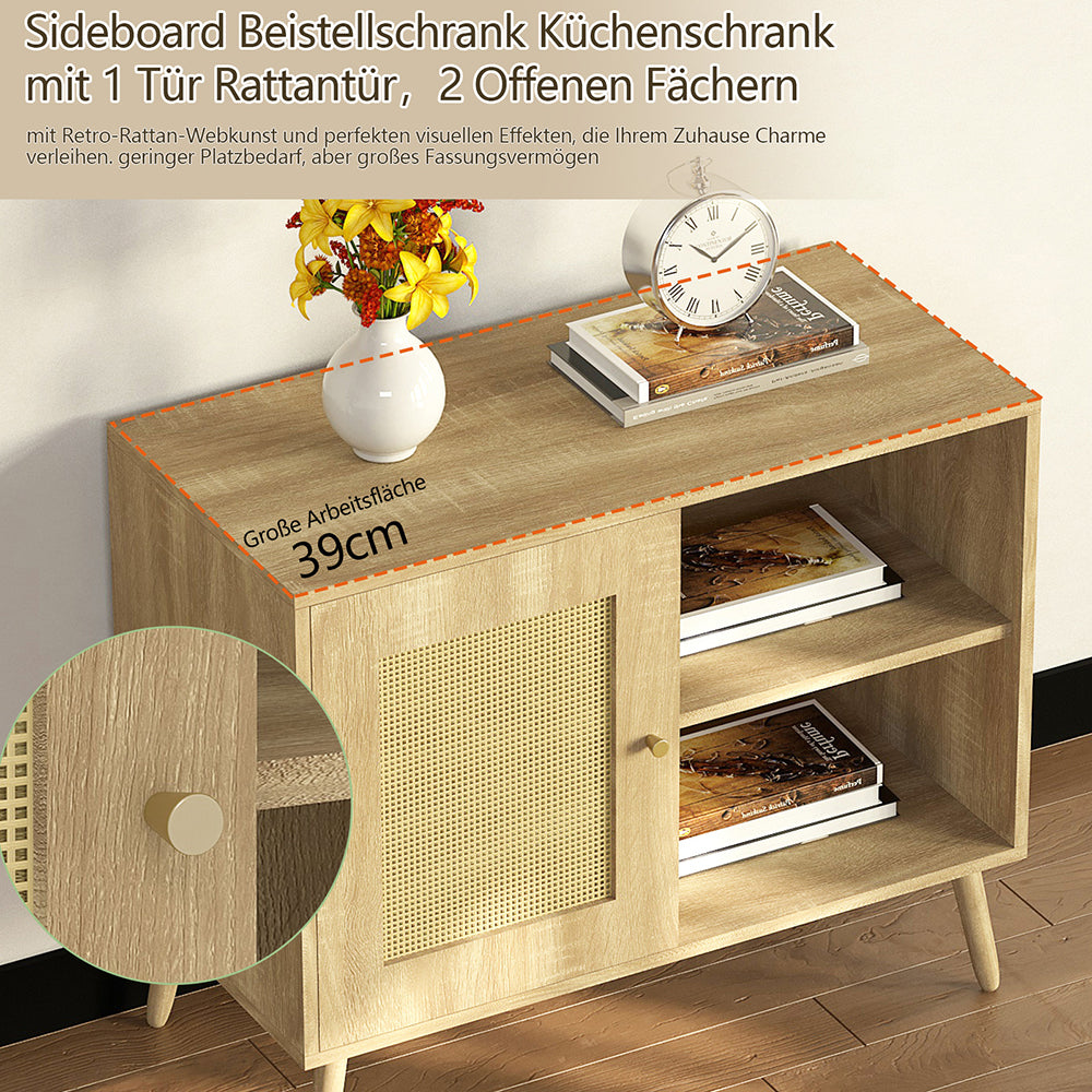Sideboard Beistellschrank Küchenschrank mit 1 Tür Rattantür,2 Offenen Fächern, Massivholzbeine,Aufbewahrungsschrank, Kommode,Standschrank,Wandschrank für Küchen, Esszimmer, Flure, Wohnzimmer, Badezimmer、Eingangsbereiche und Wohnräumer 66.5x80x39cm