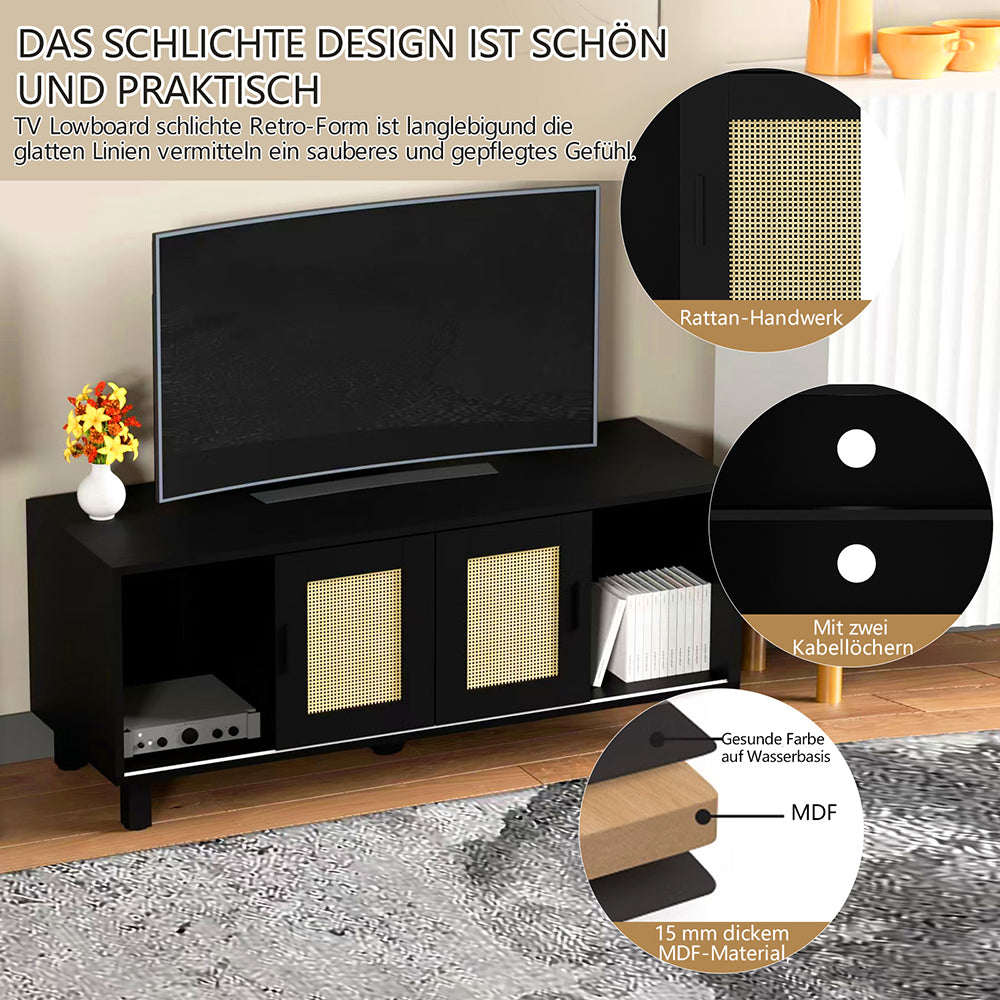 TV Lowboard,TV-Schrank mit 2 Schiebetüren aus Rattantüren,Moderner TV Sideboard,Aufbewahrungsschrank,Standschrank,für Wohnzimmer, Esszimmer, Schlafzimmer,Fernsehschrank für Wohnzimmer 115x40x48cm