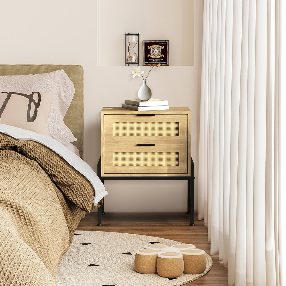 Nachttisch Rattan,Beistelltisch Wohnzimmertisch ,2 Schubladen, Nachtkommode mit Metallrahmenfür Schlafzimmer, Sofatisch,Nebentisch Kaffeetisch mit Ablagefach