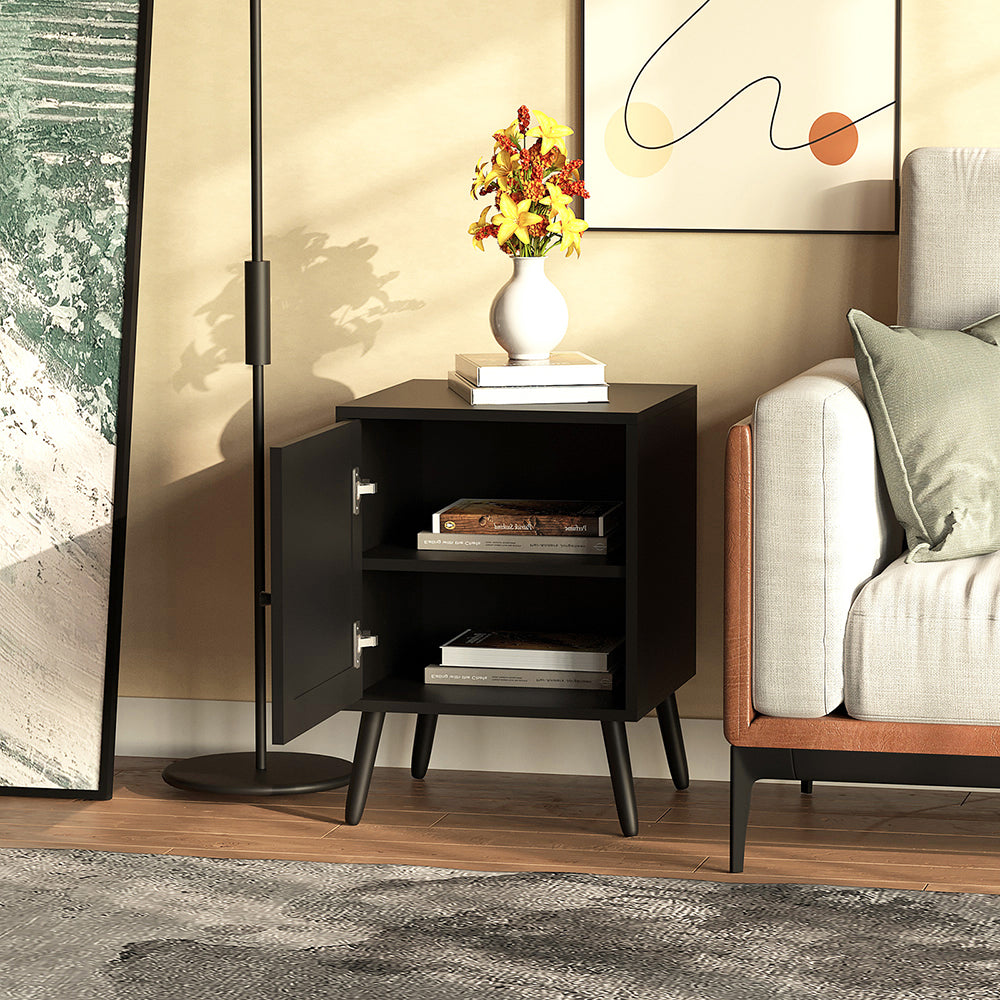 Nachttisch Rattan, Beistelltisch Wohnzimmertisch , Schließfach mit 2 Fächern,Nachtkommode mit Holz Beine für Schlafzimmer, Sofatisch,Nebentisch Kaffeetisch mit Ablagefach 40x40x55.5cm
