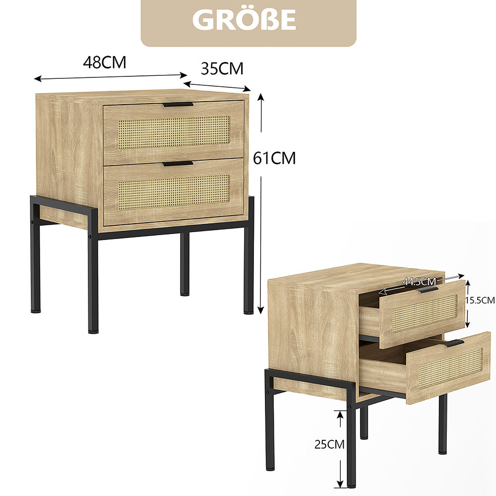 Nachttisch Rattan,Beistelltisch Wohnzimmertisch ,2 Schubladen, Nachtkommode mit Metallrahmenfür Schlafzimmer, Sofatisch,Nebentisch Kaffeetisch mit Ablagefach