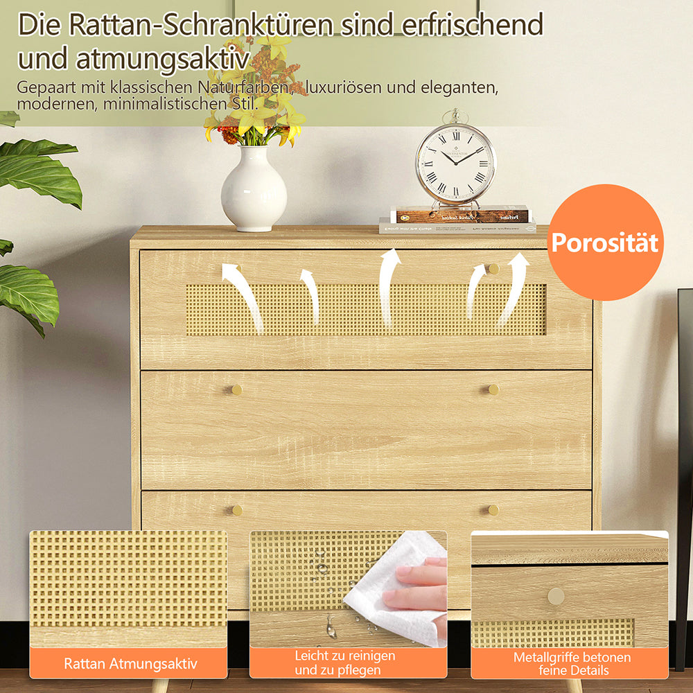 mit 3-Schubladen, Kommode mit Rattantür,Standschrank,Kabinettorganisator für Wohnzimmer, Aufbewahrungsschrank,Speicher-Schubladenschrank, Wandschrank für Esszimmer, Flure, Wohnzimmer, Eingangsbereiche und Wohnräumer 77.5x80x39cm