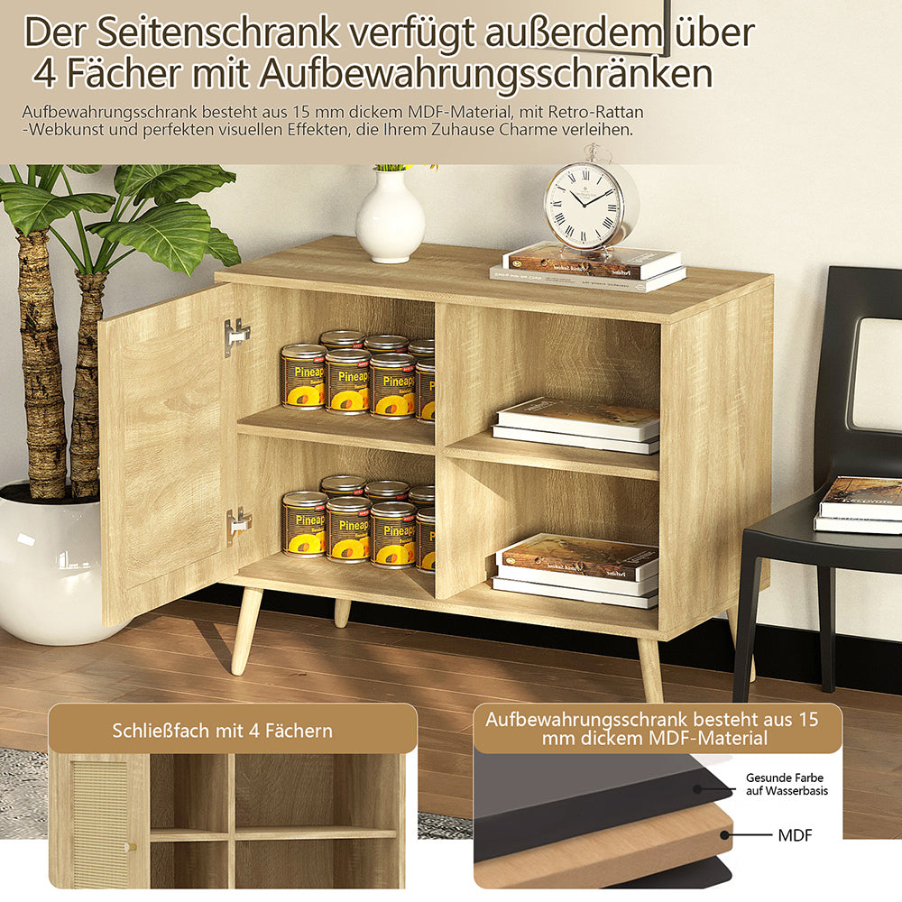 Sideboard Beistellschrank Küchenschrank mit 1 Tür Rattantür,2 Offenen Fächern, Massivholzbeine,Aufbewahrungsschrank, Kommode,Standschrank,Wandschrank für Küchen, Esszimmer, Flure, Wohnzimmer, Badezimmer、Eingangsbereiche und Wohnräumer 66.5x80x39cm