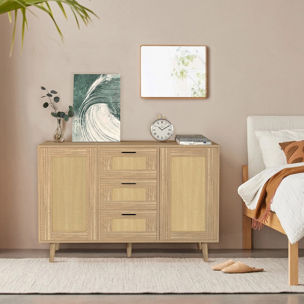 Schubladenkommode Rattantür,Standschrank,Kommode mit 3 Schubladen und 2 Türen,für Schlafzimmer & Wohnräume & Büro, Eingangsbereiche und Wohnräumer,Sideboard Highboard mit viel Stauraum120 x 80.5 x 40cm
