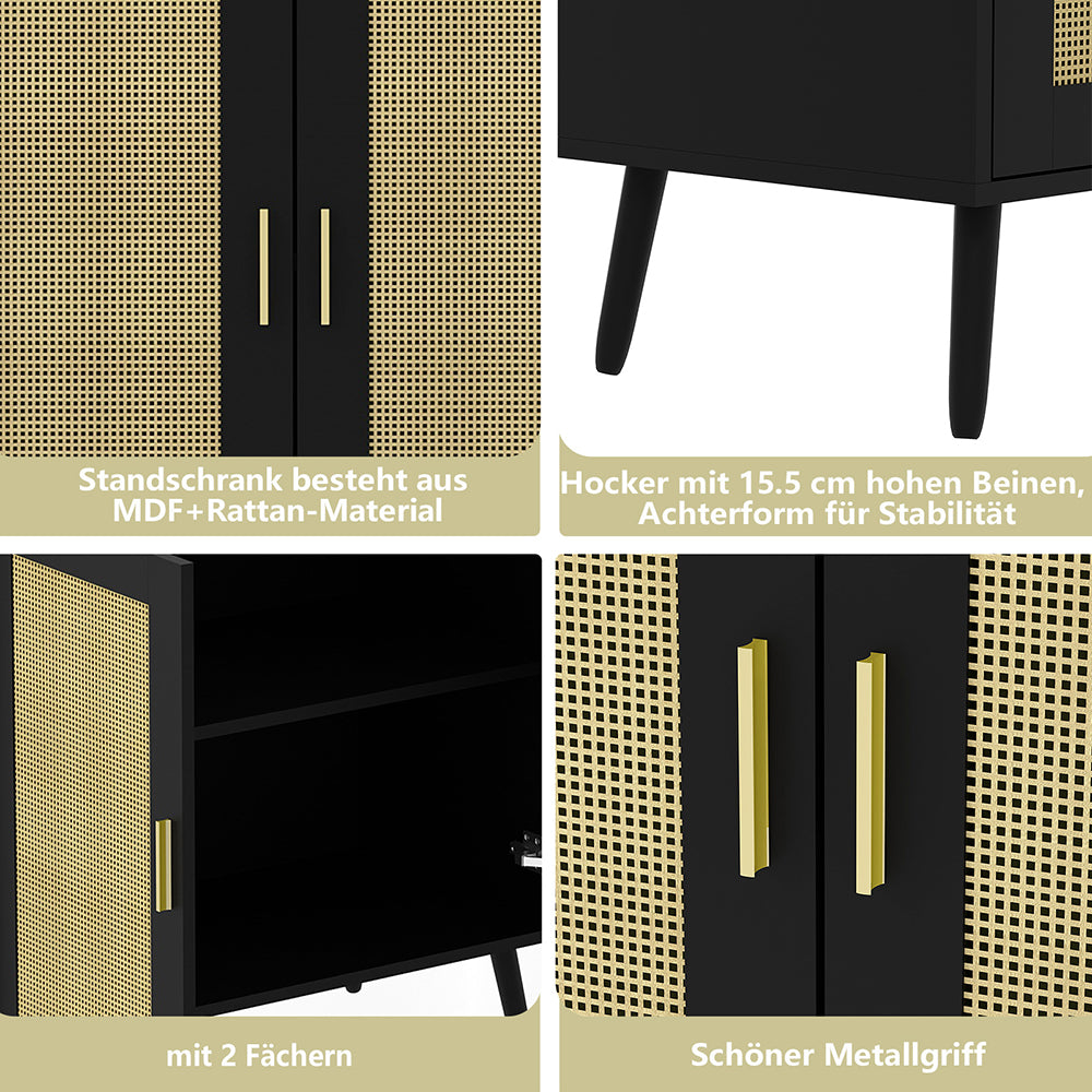Schrank mit 2 Rattan-Türen,Metallgriff,Küche Akzentschrank mit Massivholzfüßen,Dekorativer Schrank mit Rattantür,Kommode,Standschrank,Sideboard,Aufbewahrungsschrank, Wandschrank für Küchen, Esszimmer, Flure, Wohnzimmer, Badezimmer 81.5x80x40cm