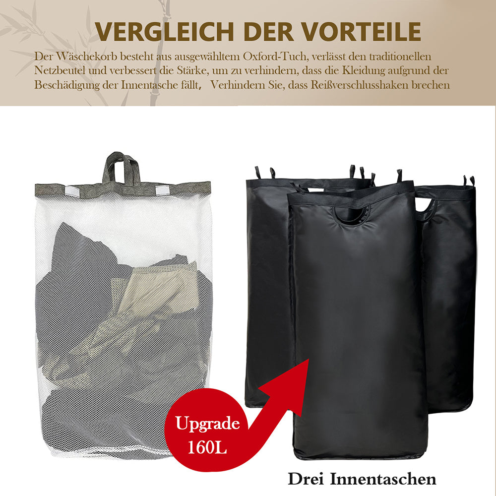 WAOHO Wäschekorb Faltbarer Wäschekorb mit Deckel, 3 Fächer, Wäschesack herausnehmbar, Zusammenklappbar 57X37X75 160L(Schwarz)