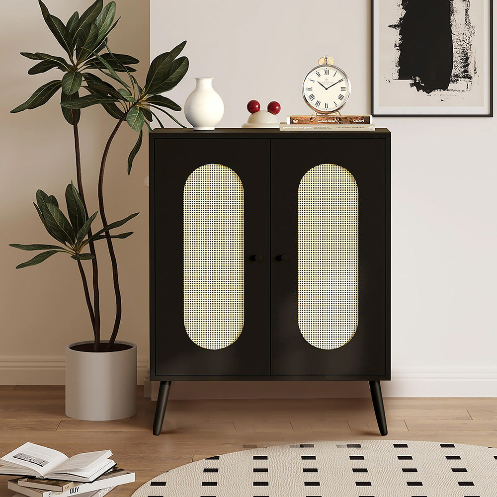 Schrank mit 2 Rattan-Türen,Küche Akzentschrank mit Massivholzfüßen,Dekorativer Schrank mit Rattantür,Kommode,Standschrank,Sideboard,Aufbewahrungsschrank, Wandschrank für Küchen, Esszimmer, Flure, Wohnzimmer, Badezimmer、Eingangsbereiche 83x68x40cm