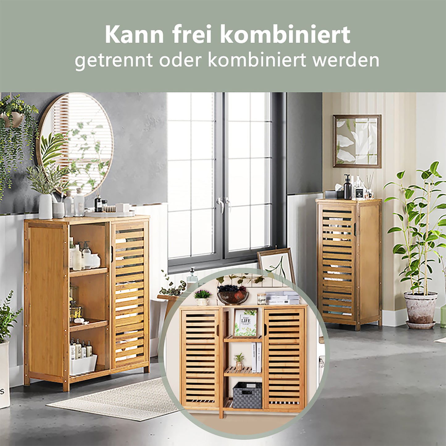 Badezimmerschrank aus Bambus, Aufbewahrungsschrank mit 9 Trennwänden