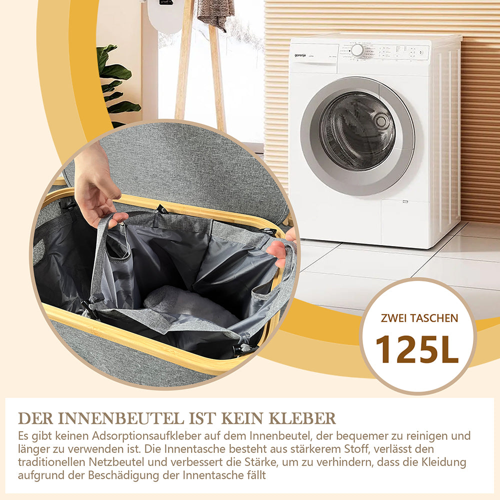 Wäschekorb Faltbarer mit Deckel, 2 Fächer, Wäschesack herausnehmbar 54x33x70 125L(Grau)