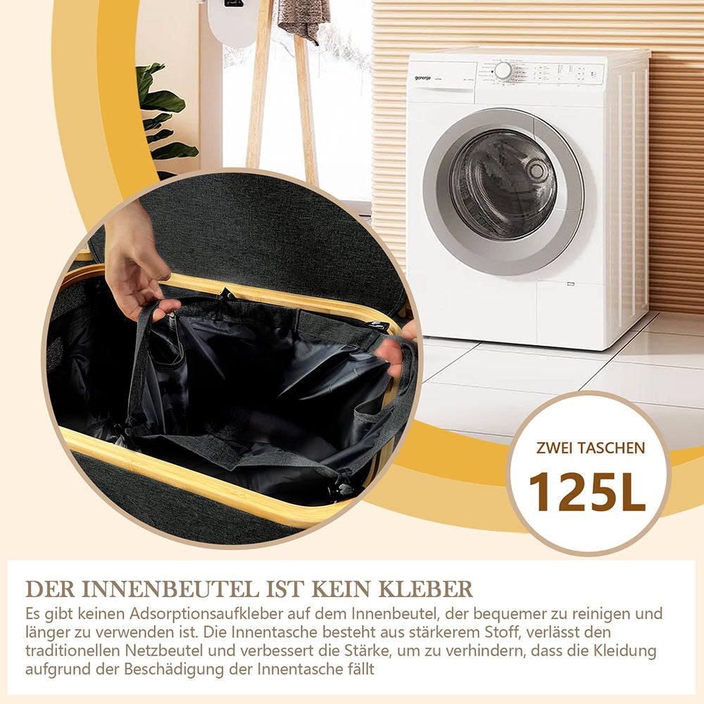 Wäschekorb Faltbarer mit Deckel, 2 Fächer, Wäschesack herausnehmbar 54x33x70 125L(Schwarz)