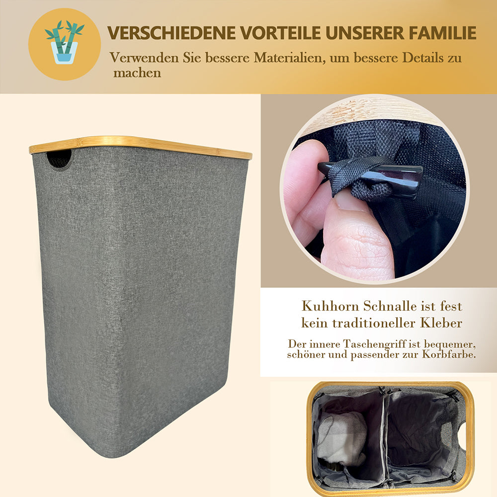 Wäschekorb Faltbarer mit Deckel, 2 Fächer, Wäschesack herausnehmbar 54x33x70 125L(Grau)