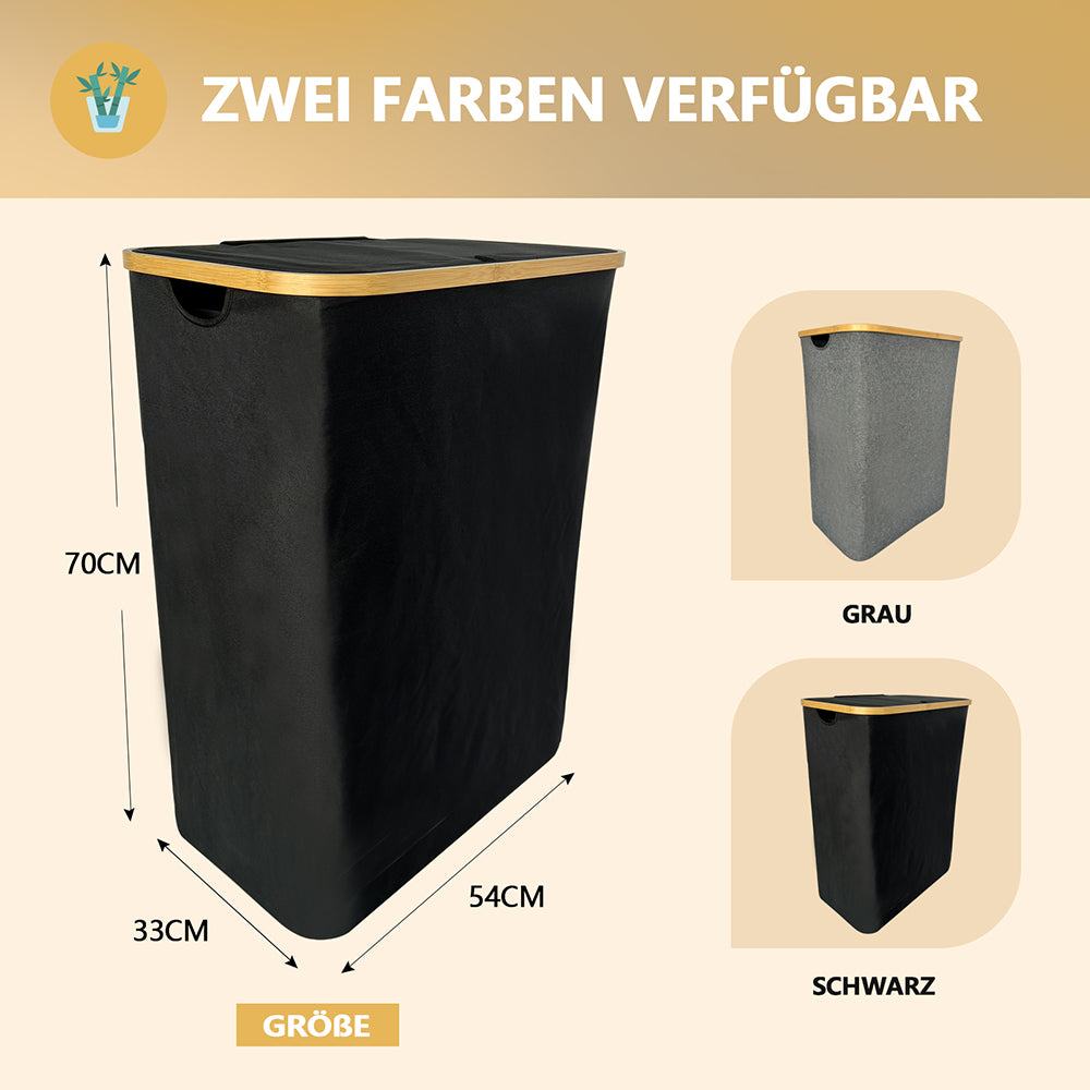 Wäschekorb Faltbarer mit Deckel, 2 Fächer, Wäschesack herausnehmbar 54x33x70 125L(Schwarz)
