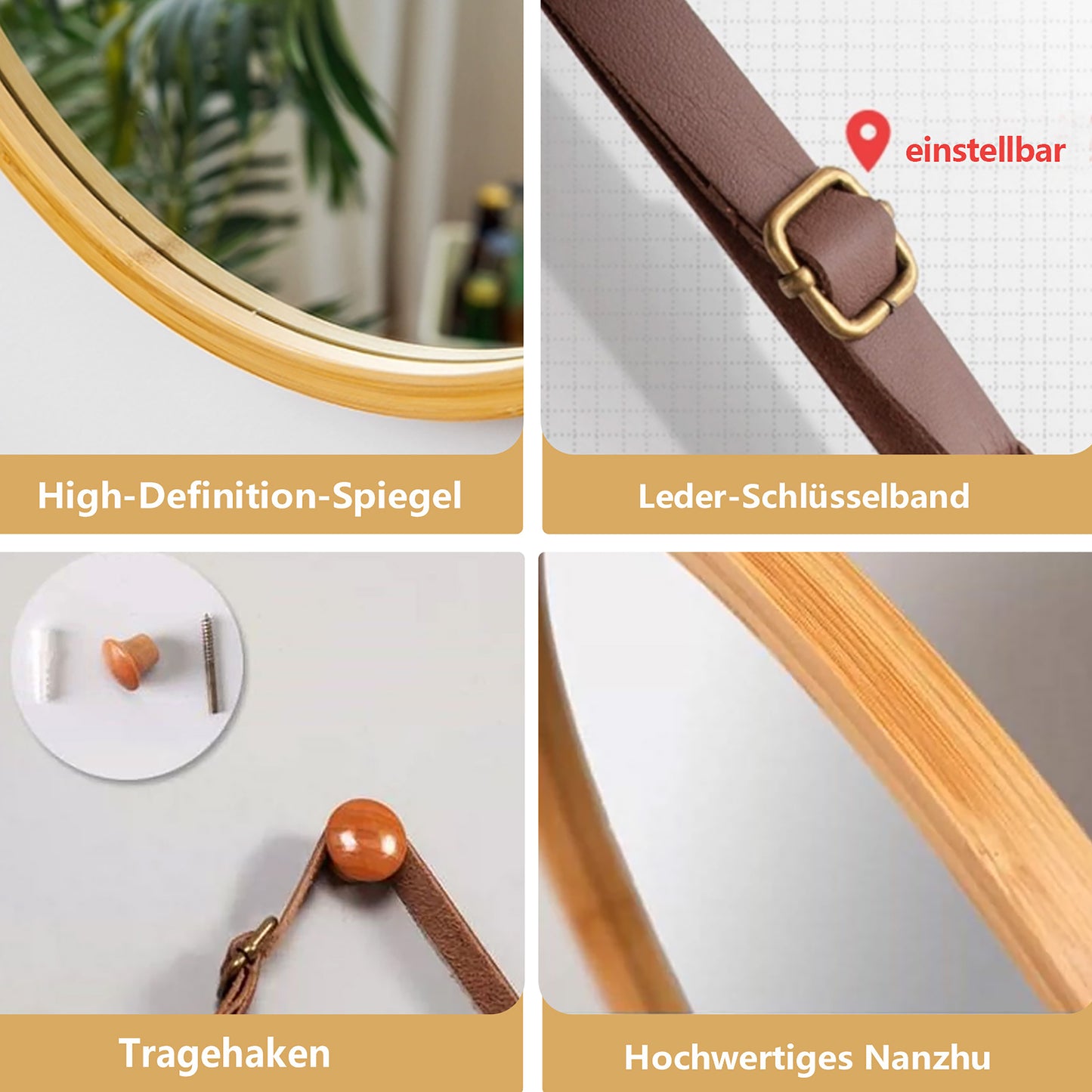 Wandspiegel rund Bambus, Hängespiegel rund, verstellbarer Schultergurt, Bambusrahmen, modern, Flur, Bad und Gäste-WC, Durchmesser 45cm