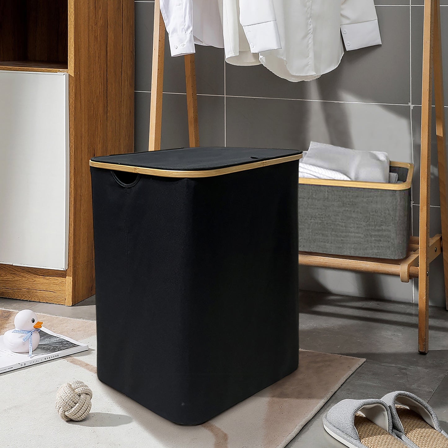WAOHO Wäschekorb Faltbarer Wäschekorb mit Deckel, 3 Fächer, Wäschesack herausnehmbar, Zusammenklappbar 57X37X75 160L(Schwarz)
