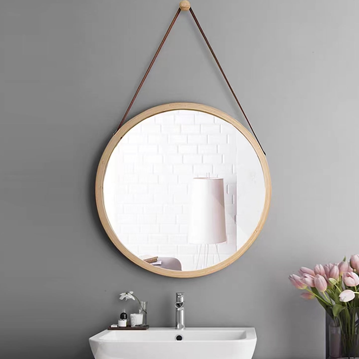 Wandspiegel rund Bambus, Hängespiegel rund, verstellbarer Schultergurt, Bambusrahmen, modern, Flur, Bad und Gäste-WC, Durchmesser 45cm