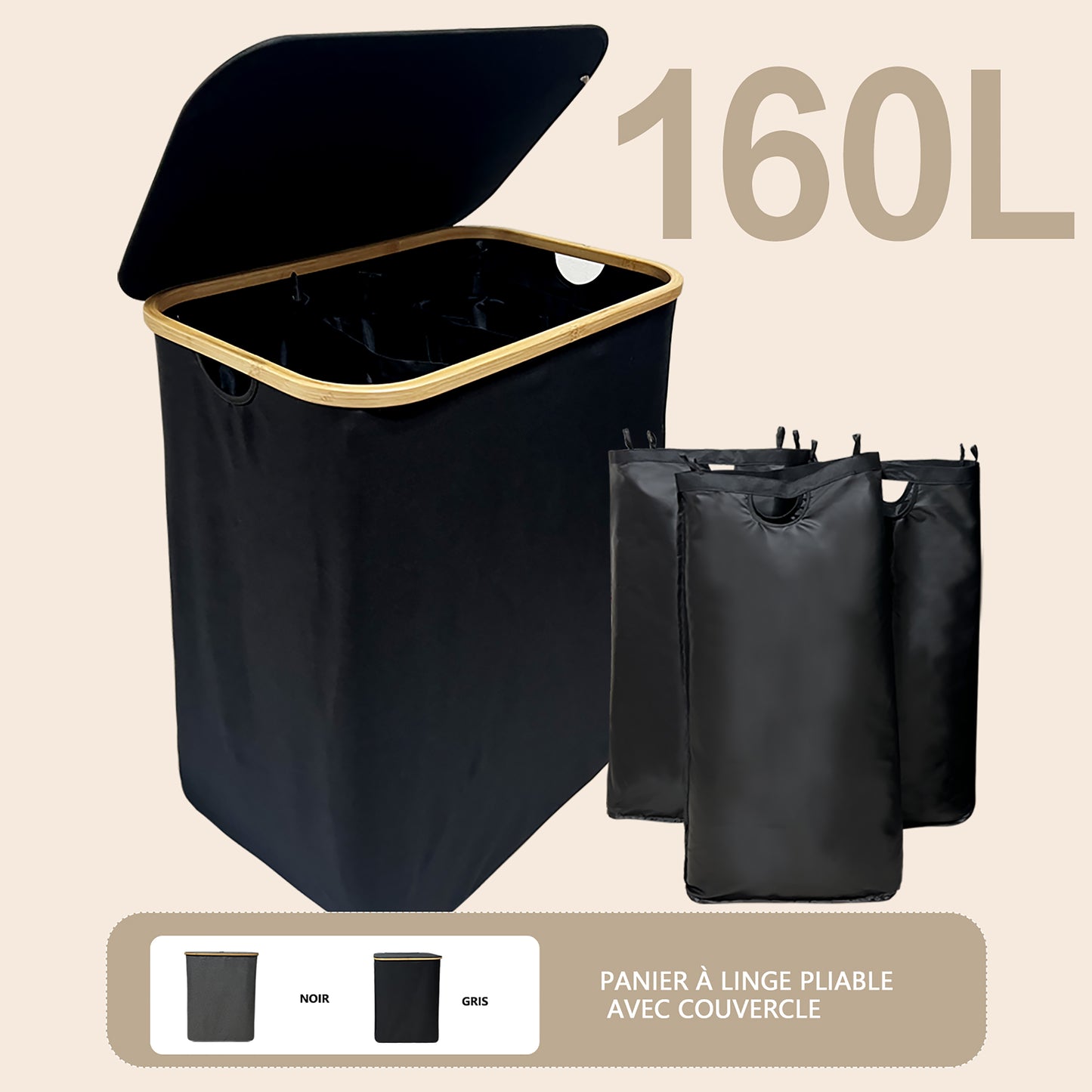 WAOHO Wäschekorb Faltbarer Wäschekorb mit Deckel, 3 Fächer, Wäschesack herausnehmbar, Zusammenklappbar 57X37X75 160L(Schwarz)
