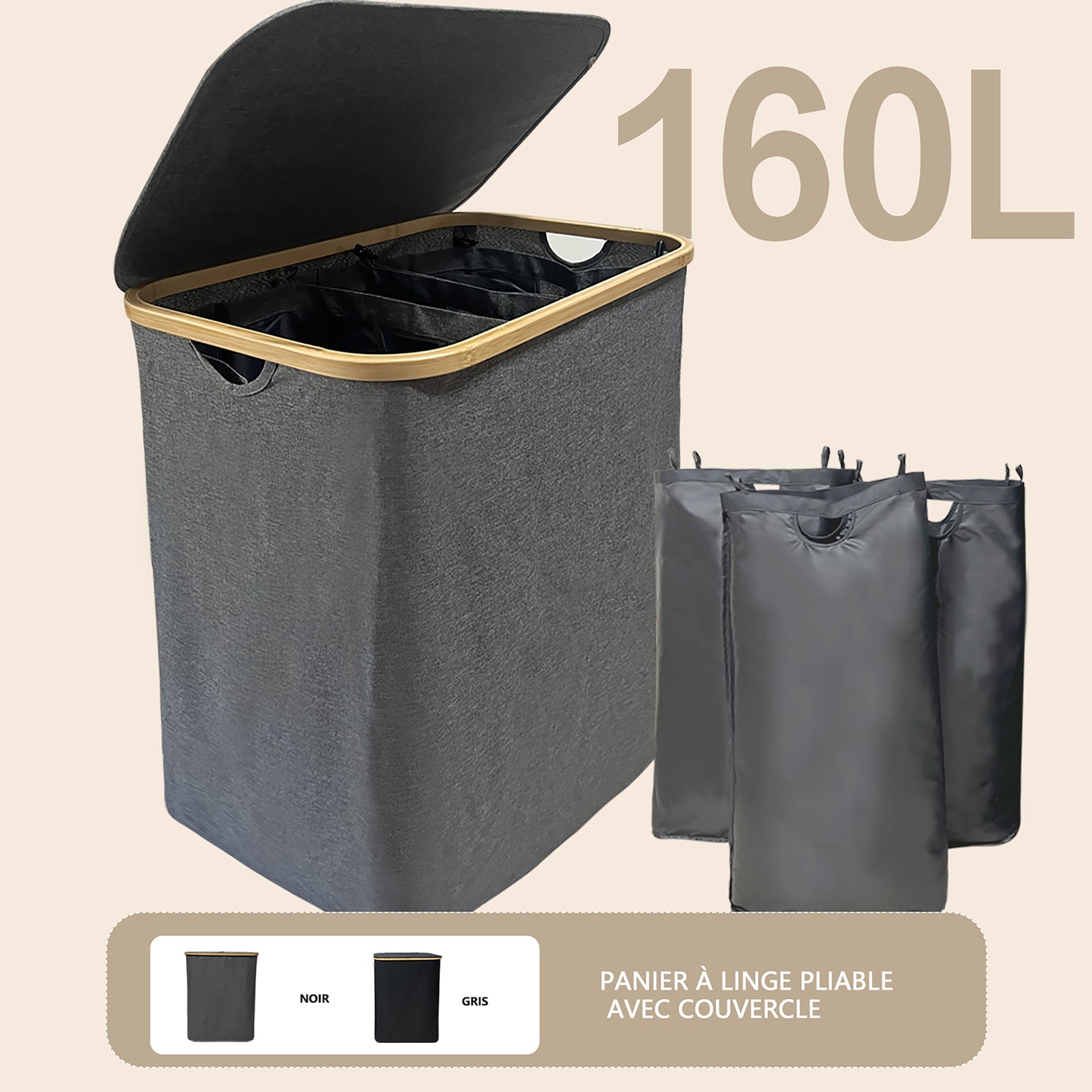 WAOHO Wäschekorb Faltbarer Wäschekorb mit Deckel, 3 Fächer, Wäschesack herausnehmbar, Zusammenklappbar 57X37X75 160L(Grau)