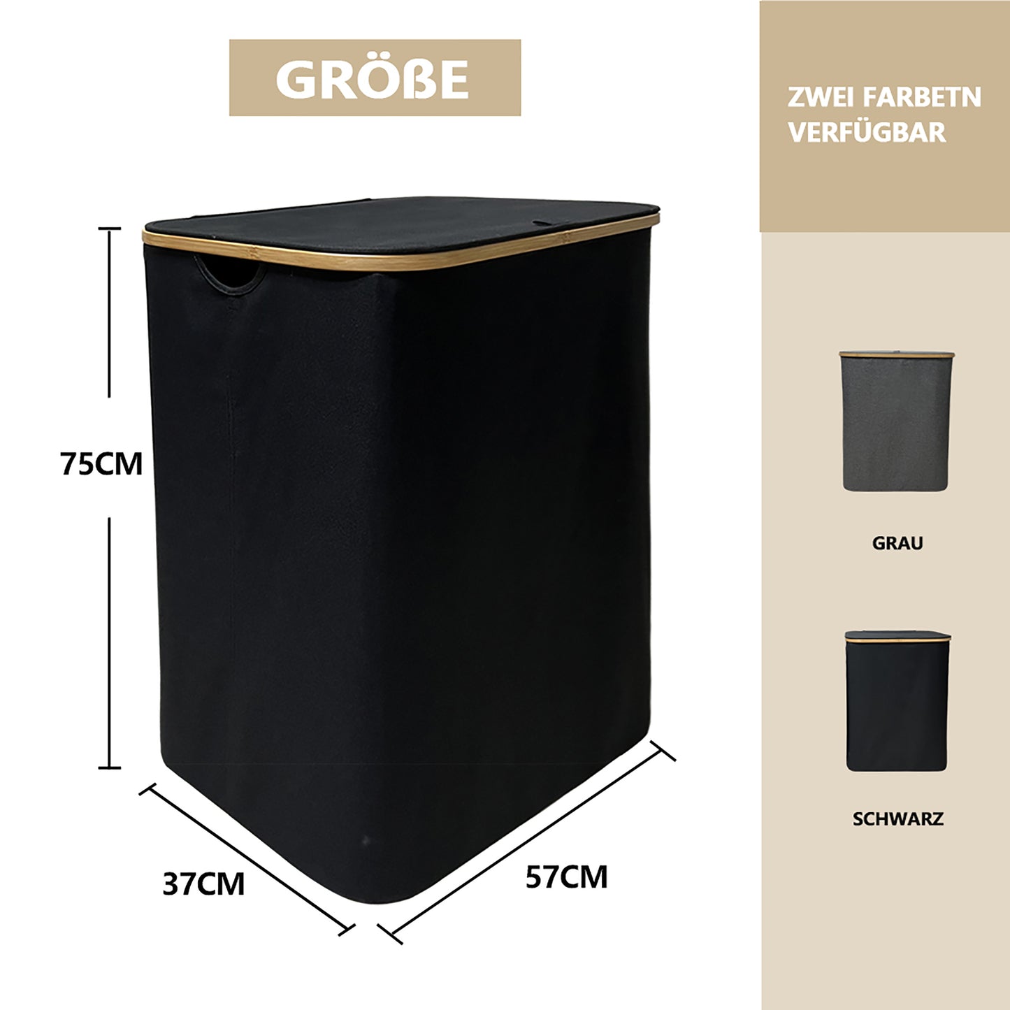 WAOHO Wäschekorb Faltbarer Wäschekorb mit Deckel, 3 Fächer, Wäschesack herausnehmbar, Zusammenklappbar 57X37X75 160L(Schwarz)