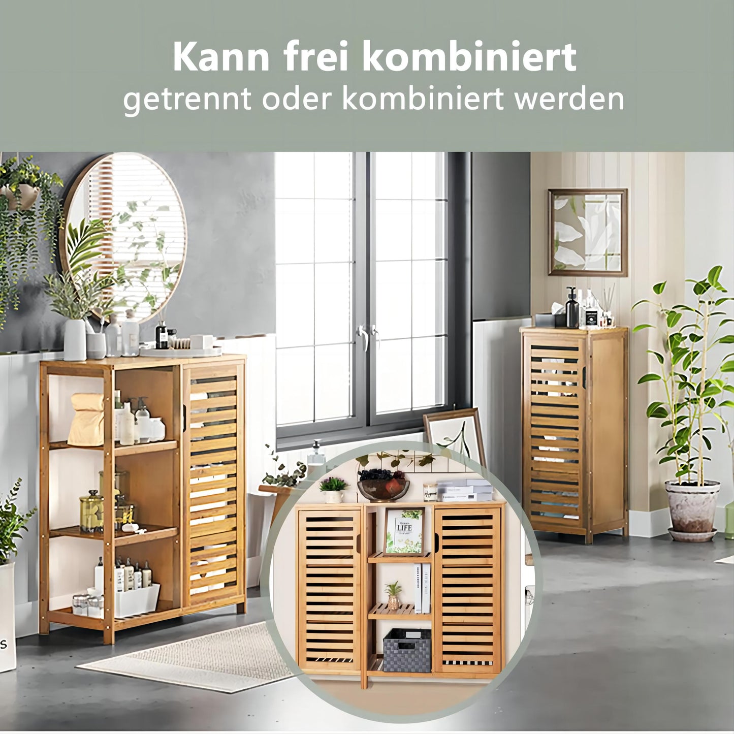 Badezimmerschrank aus Bambus, Aufbewahrungsschrank mit 3 Trennwänden