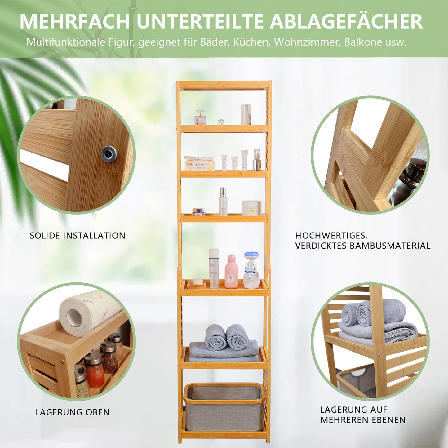 WAOHO Standregal Küchenregal Badregal Bambus Standregal,7Ablagefächer,Bambusregal