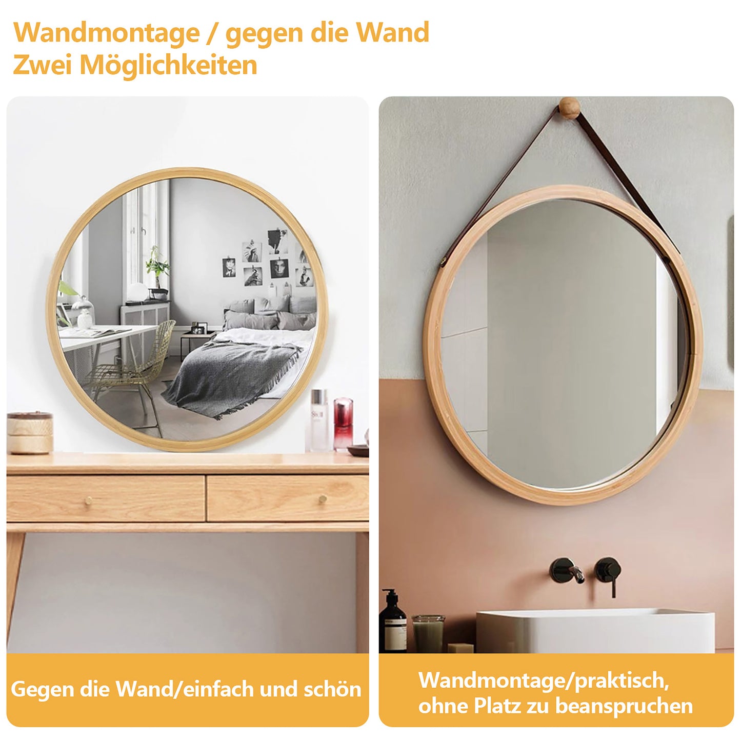 Wandspiegel rund Bambus, Hängespiegel rund, verstellbarer Schultergurt, Bambusrahmen, modern, Flur, Bad und Gäste-WC, Durchmesser 45cm